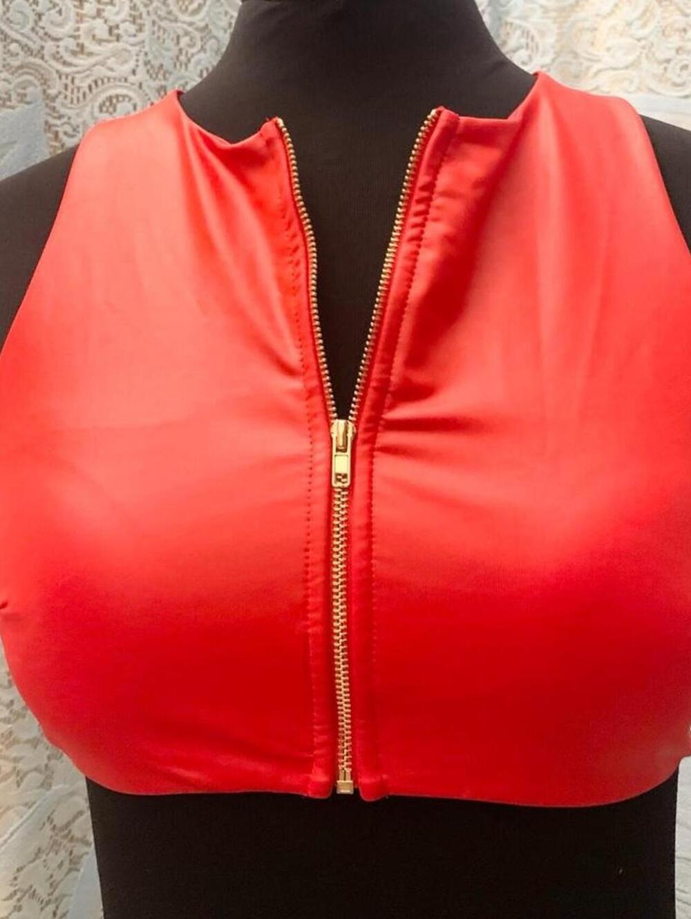 Kittenish NWT Red Faux Leather Zip Up Crop Top Halter Tank Zipper Vegan Punk